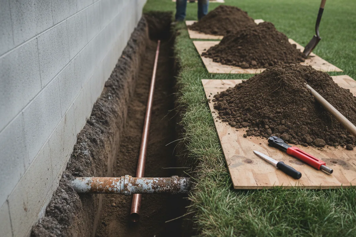 Excavated water line trench during Sewer Line Repair in Sanger